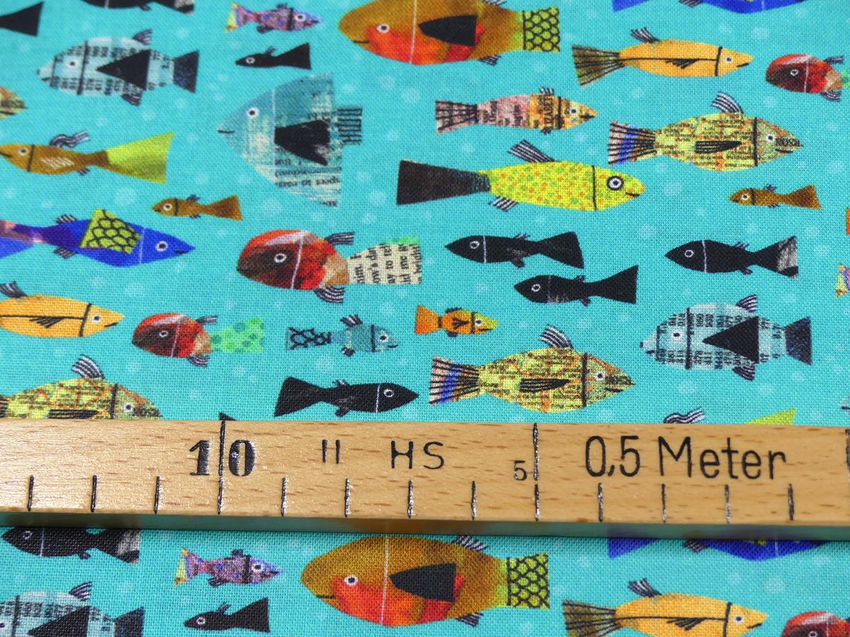 Patchworkstoff  Fische bunt aqua türkis Detailansicht mit Maß